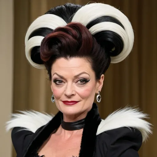 Prompt: Michelle gomez dressed as cruella deville from 101 dalmations with a massive beehive hairstyle