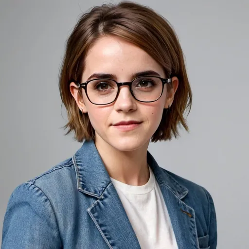 Prompt: Emma Watson a Karen woman, wearing mom jeans and blazer, glasses, short a line pixie bob karen haircut, makeup, photo style, detailed face, full body