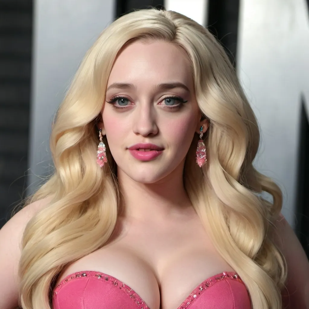 Prompt: kat dennings dressed as a blonde barbie with very long hair