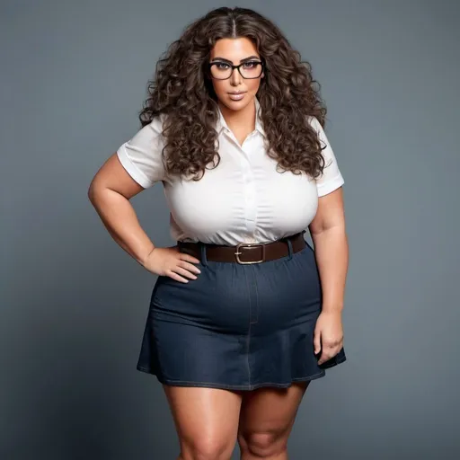 Prompt: full body photo kim kardashian dressed as a chubby nerdy woman with frizzy curly hair and glasses