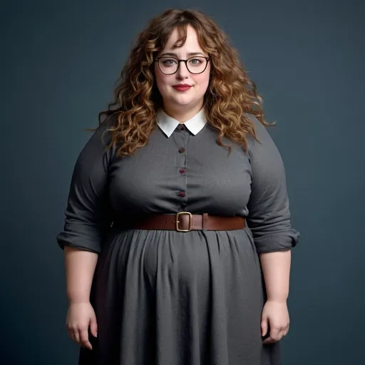 Prompt: full body photo Dakota Johnson dressed as a chubby nerdy woman with frizzy curly hair and glasses