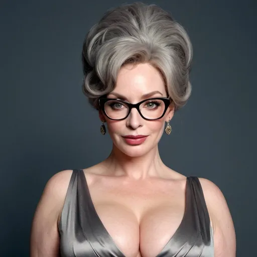 Prompt: christina hendricks dressed as sultry mature old woman with wrinkles wearing a tight dress, curvy body, glasses, grey big bouffant beehive hair