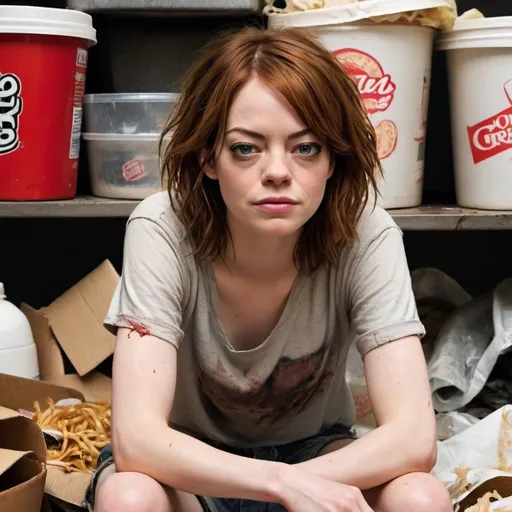 Prompt: A photo of emma stone with a disheveled and greasy appearance, embodying the epitome of a slob. She is depicted sitting on an overflowing throne of fast food containers and dirty laundry, Her unkempt hair is a tangled mess of greasy strands, sticking out in every direction, while a thick layer of sweat and oil covers her face