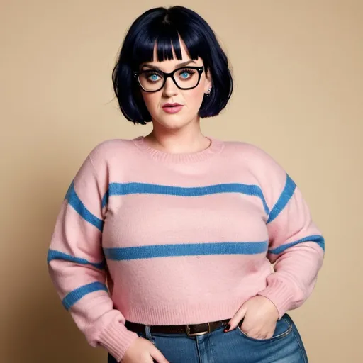 Prompt: Katy Perry a overweight bbw chubby fat mom, wearing mom jeans and sweater, glasses, short bob bowlcut hair with bangs, makeup, photo style, detailed face, full body
