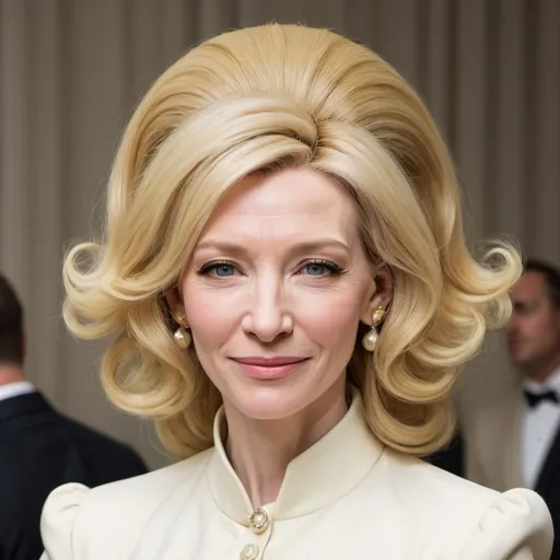 Prompt: Cate Blanchett dressed as stepford wife with massive bouffant beehive long blonde hair