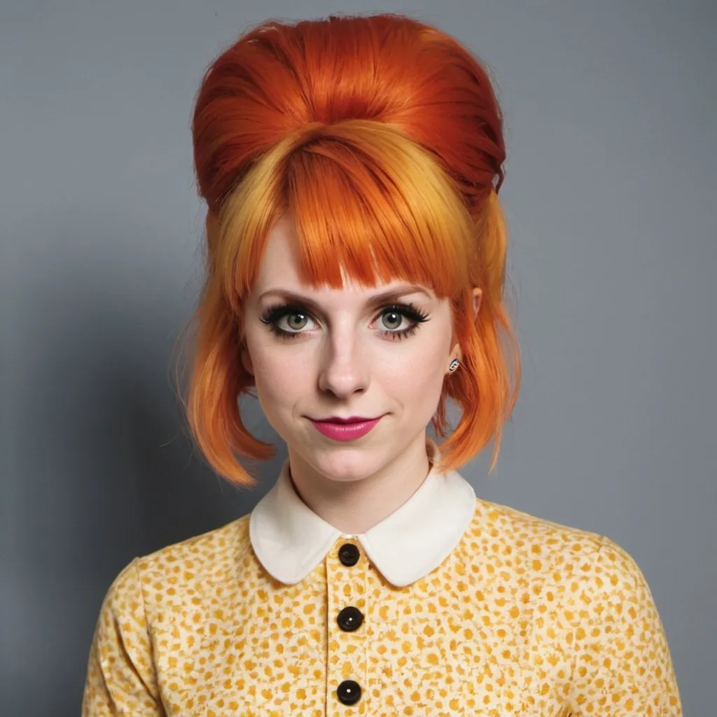 Prompt: Hayley Williams dressed as a 1960's woman with big bouffant beehive hair