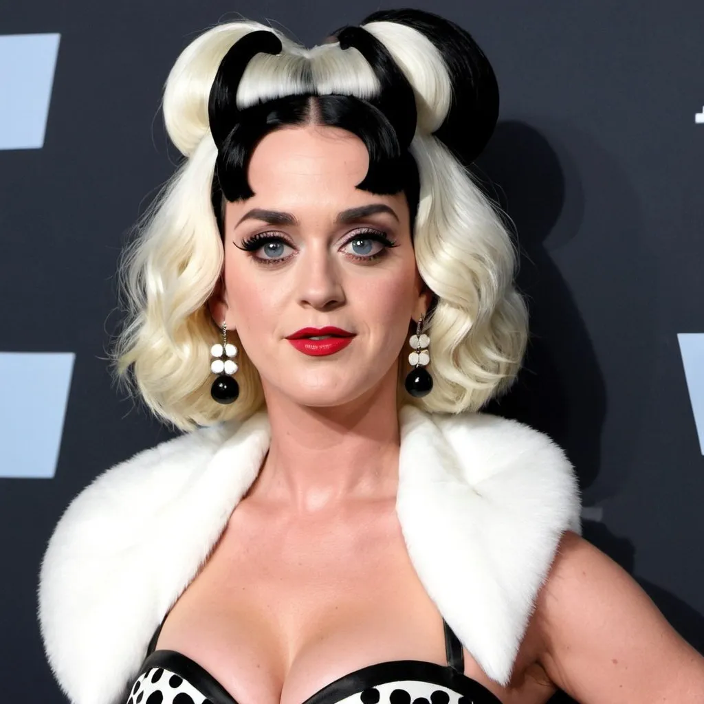 Prompt: Katy Perry dressed as Cruella Deville