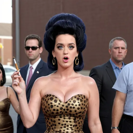 Prompt: setting, a new jersey street, Katy Perry dressed as a jersey woman, with a massive bouffant beehive hairstyle, wearing tight dress, holding a cigarette, live photo, detailed face
