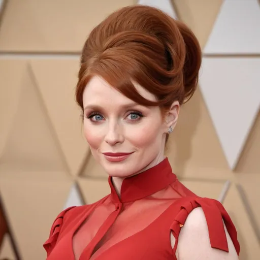 Prompt: Bryce Dallas howard a old stepford wife woman, with a big bouffant beehive hairstyle, wearing form fitting red dress, photo style, detailed face