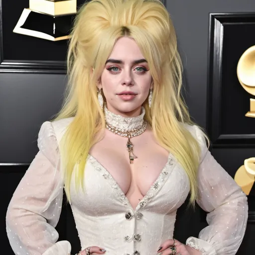 Prompt: Billie Eilish dressed as Dolly Parton with big bouffant hair