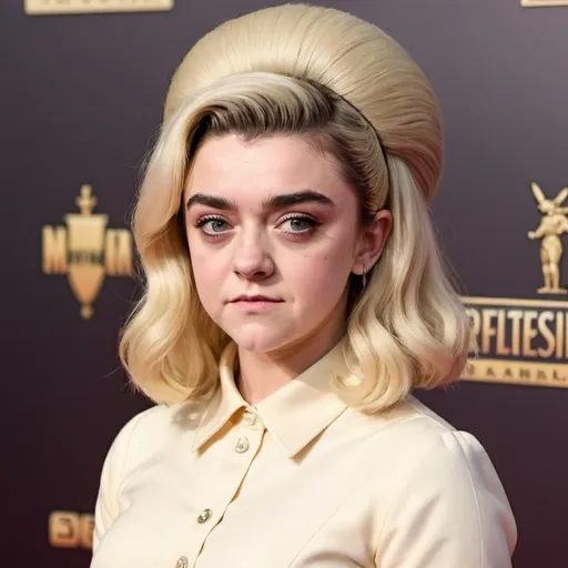 Prompt: Maisie Williams dressed as stepford wife with massive bouffant beehive long blonde hair