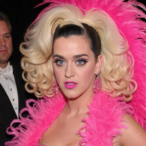 Prompt: Katy Perry huge blonde bouffant perm hair, bright pink sparkly halter dress, pink feather boa, pink feather headdress, pink lipstick, long eyelashes, eye liner, pink eye shadow, heavy makeup
