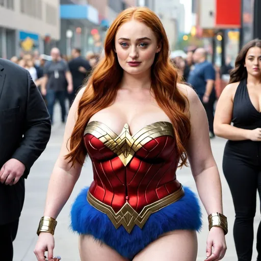 Prompt: Sophie Turner dressed as bbw chubby wonder Woman