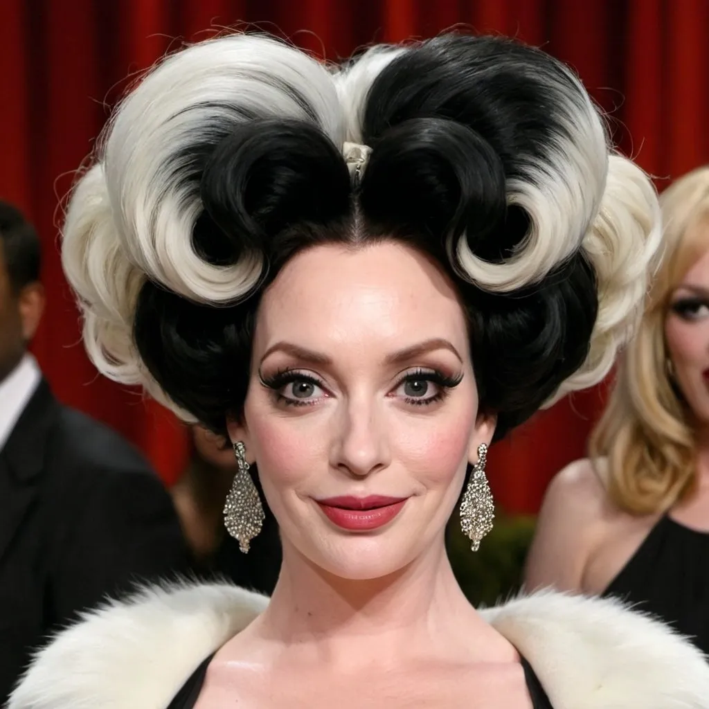 Prompt: Christina hendricks dressed as Cruella Deville with big bouffant beehive hair