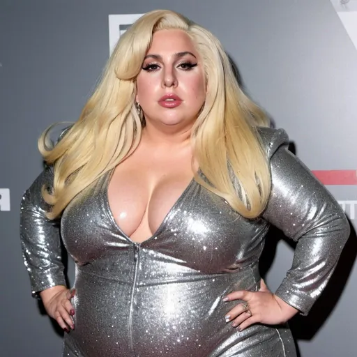 Prompt: fat Lady Gaga, chubby body, plump bbw, long hair, big chest, wearing a sparkly jumpsuit