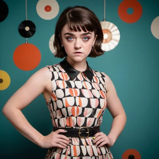 Prompt: Maisie Williams vibrantly captured in the essence of a 1960s mod girl, her youthful features complemented by a sharp, geometric haircut reminiscent of the era's iconic fashion. Her hair, a rich tapestry of dark brown and auburn tones, is styled into a chic bouffant with a heavy fringe that grazes her eyebrows, framing her piercing blue eyes lined with thick, winged eyeliner. She dons a mod mini dress in a bold, geometric pattern of black and white, which hugs her petite frame and accentuates her long, slender legs. Accessorized with a set of oversized hoop earrings, a chunky statement necklace, and a slim black belt cinched at her waist, she exudes an air of playful sophistication. With a confident pose, one hand on her hip and the other holding a pair of white go-go boots, her stance is a nod to the era's vibrant, rebellious spirit. The backdrop is a vintage-inspired setting with colorful, patterned walls and a retro lamp, adding a pop of color to the otherwise monochromatic outfit. The lighting casts a soft, warm glow, bringing out the vibrancy of the scene and highlighting the meticulous detail in her makeup, which includes rosy cheeks and a pouty pink pout. The overall composition transports the viewer to the swinging sixties, encapsulating the mod movement's energy and style in a single, striking portrait.