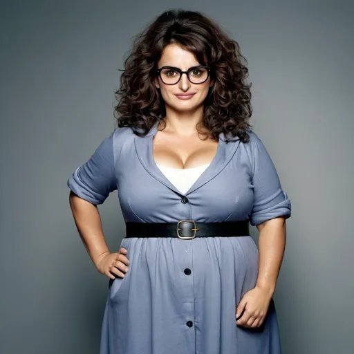 Prompt: full body photo penelope cruz dressed as a chubby nerdy woman with frizzy curly hair and glasses