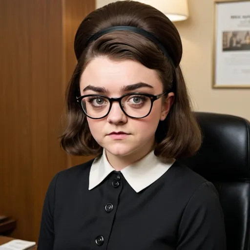 Prompt: maisie williams dressed as a 1960's secretary with big bouffant beehive silky hair
