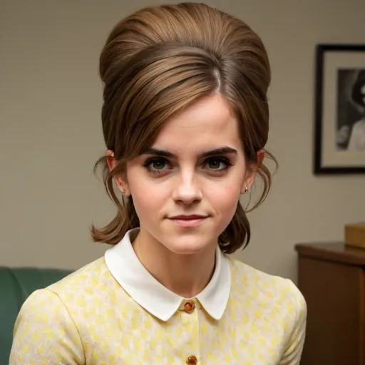Prompt: Emma Watson dressed as a 1960's woman with big bouffant hair