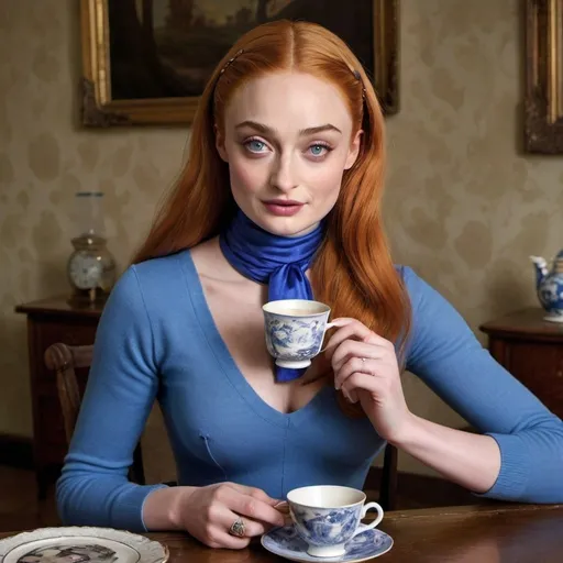 Prompt: A stunning transformation of the British actress Sophie Turner, who has meticulously donned the iconic character of Violet Beauregarde from Roald Dahl's "Charlie and the Chocolate Factory." Her skin is a vibrant, electrifying shade of blue that seems to radiate under the soft, warm light of a cozy room, a stark contrast to her usual porcelain complexion. The makeup artist has masterfully applied a glossy finish to her skin, mimicking the sugary sheen of a freshly-chewed piece of gum. Her hair is styled in Violet's signature look, a high ponytail with a few rebellious strands escaping to frame her face. She is dressed in a blue ensemble that mirrors her skin tone, comprising a fitted sweater with a scoop neckline and a flared skirt that falls just above her knees, both adorned with subtle silver accents. Around her neck, a chic scarf in a darker shade of blue adds a touch of elegance to the whimsical outfit. The room is filled with vintage decor and props that evoke the charm of the film, such as a vintage radio playing in the background and a table set with a teacup and saucer, hinting at the moment before her gum-chewing disaster. In one hand, she holds a half-chewed "Wonka Whipple-Scrumptious Fizzy Lifting Drink" with a bewildered expression, while the other hand is poised dramatically in the air, showcasing her inflation. Her eyes are wide with a mix of excitement and apprehension, reflecting the thrill and peril of the adventure she has found herself in. The overall effect is a playful and enchanting homage to the beloved character, capturing the essence of Violet's transformation while infusing it with Turner's unique charm and grace.