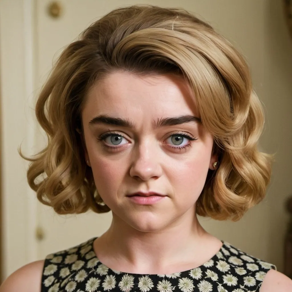 Prompt: maisie williams A quintessential Stepford wife from the 1960s, embodying the idealized perfection of suburban domesticity. She stands in the center, her figure a study in curvaceous elegance, with a blonde bouffant beehive hairstyle that soars to impossible heights and is meticulously styled to maintain its voluminous shape. The hair, a cascade of golden curls, casting a warm glow upon her flawless complexion. Her eyes are a piercing shade 