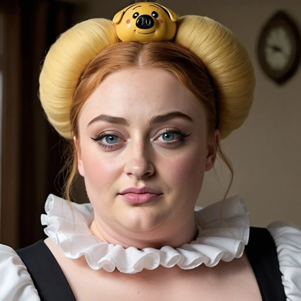 Prompt: Sophie Turner a overweight pig woman, wearing maid outfit, giant bouffant beehive hairstyle, makeup, photo style, detailed face, full body pig nose