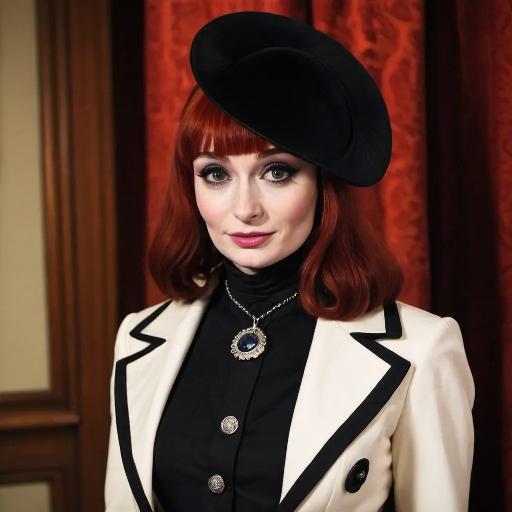 Prompt: Sophie turner dressed as fenella fielding