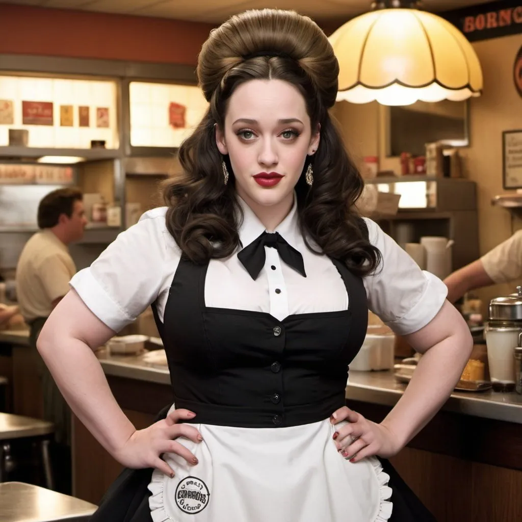 Prompt: Kat Dennings a overweight waitress, wearing waitress outfit, giant bouffant beehive hairstyle, makeup, photo style, detailed face, full body