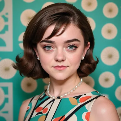Prompt: Maisie Williams elegantly captured in a vintage 1960s aesthetic, her youthful features framed by a massive bouffant hairstyle that towers above her, exuding an air of timeless glamour. The voluminous locks are meticulously teased and sprayed into place, creating a dramatic silhouette that would make even the most iconic stars of the era green with envy. The hair is styled with a sleek side part, and soft waves cascade down her back, accentuating the gravity-defying height of the bouffant. Her makeup is equally reminiscent of the sixties, with bold, winged eyeliner, rosy cheeks, and a perfectly painted red pout that pops against her pale complexion. Dressed in a mod-inspired, A-line dress with geometric patterns in a vibrant color palette, she evokes a sense of youthful sophistication and rebellion. The background is a pastel-colored wallpaper with a mod floral design, complete with a vintage mirror reflecting her flawless look. Accessorized with a set of dainty pearl earrings and a matching necklace, her look is both elegant and playful. The lighting casts a soft glow on her face, highlighting the intricate details of her hair and makeup. With a coy smile and a knowing gaze, Maisie seems to be channeling the spirit of the swinging sixties, inviting the viewer to join her in a time of revolutionary fashion and boundless freedom. Her transformation is so convincing, it's as if she has stepped out of a time machine, ready to dance the night away at a mod London soiree. The overall composition celebrates the era's penchant for opulence and its influence on contemporary style, all while showcasing Williams' versatility and beauty.
