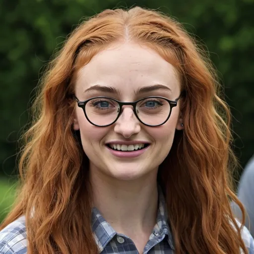 Prompt: Sophie Turner as a nerd woman with wild frizzy hair, buck teeth, glasses, acne