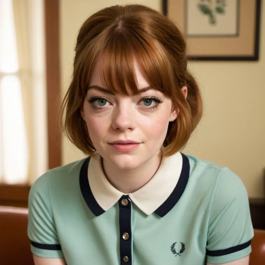 Prompt: emma stone, dressed as a 1960s mod woman, wearing a 1960s fred perry polo shirt, short 1960s bowlcut with bangs hairstyle