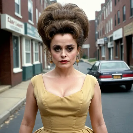 Prompt: setting, a new jersey street, helena bonham carter dressed as a jersey woman, with a massive bouffant beehive hairstyle, wearing tight dress, holding a cigarette, live photo, detailed face
