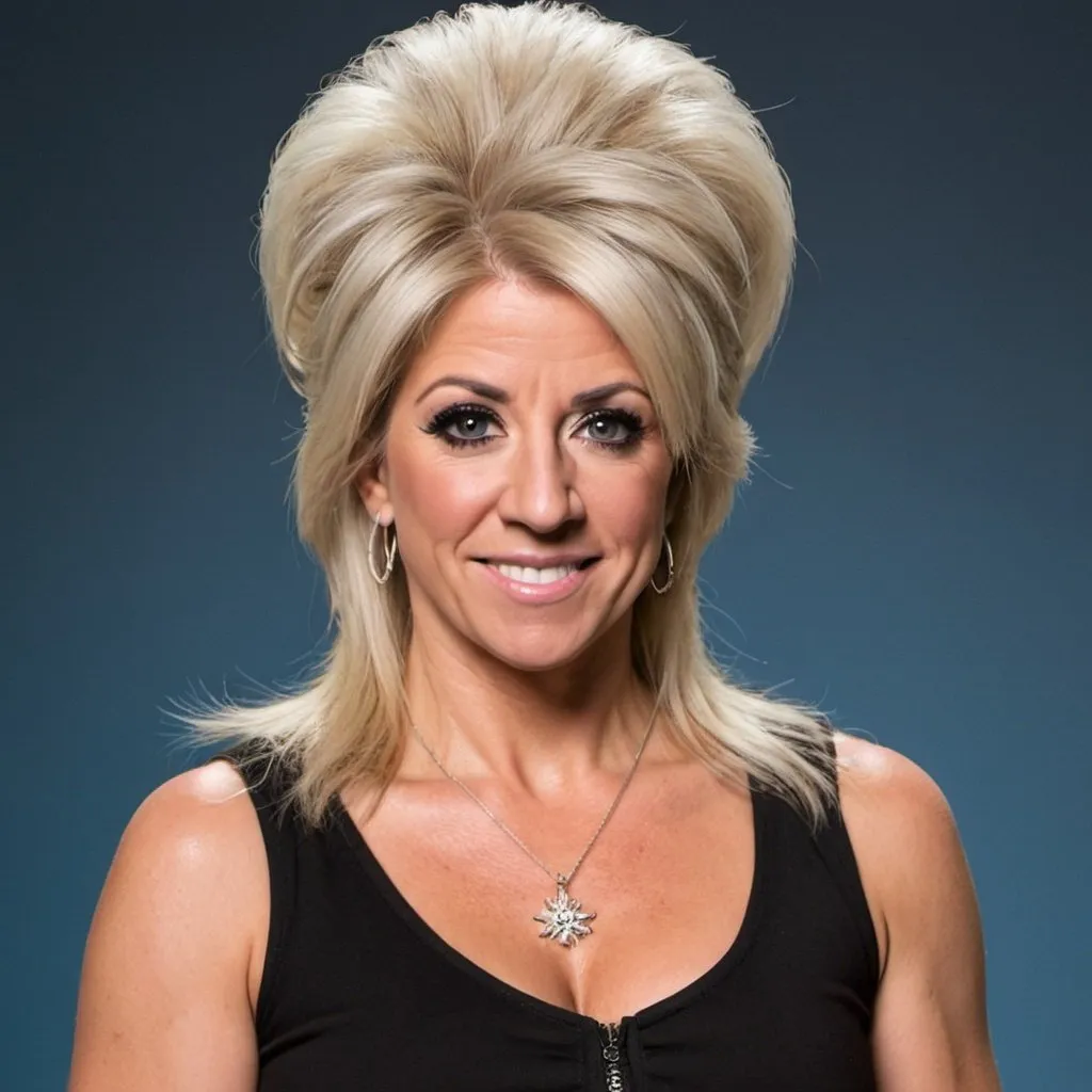 Prompt: Sarah Hadland dressed as theresa Caputo long island medium with big bouffant hair