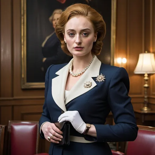 Prompt: Sophie Turner in a meticulously crafted costume, embodying the iconic British Prime Minister, Margaret Thatcher. She stands tall and poised, with a stern yet composed expression that mirrors Thatcher's unwavering confidence. The attire includes a perfectly tailored navy blue skirt suit with padded shoulders, reminiscent of the 1980s power dressing. A crisp white blouse is tucked neatly beneath the waist, while a string of pearls adorns her neck, mimicking Thatcher's signature look. In her right hand, she holds a black leather briefcase, symbolizing the weight of political responsibility. On her left, a replica of the Iron Lady's trademark handbag is slung over her forearm. Her hair is styled in a voluminous bouffant, a stark contrast to the sharp lines of her attire. The background is a blend of the British parliamentary interior, with red leather benches and gold-accented wood paneling, setting the scene of political dominance. The lighting casts a soft yet powerful glow, highlighting the determination in her eyes and the intricate details of her costume. The overall effect is one of transformation and tribute, as Sophie Turner captivates the viewer with her uncanny portrayal of the formidable Margaret Thatcher.