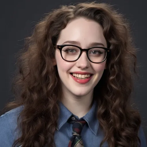 Prompt: Kat Dennings as a nerd woman with wild frizzy hair, buck teeth, glasses, acne