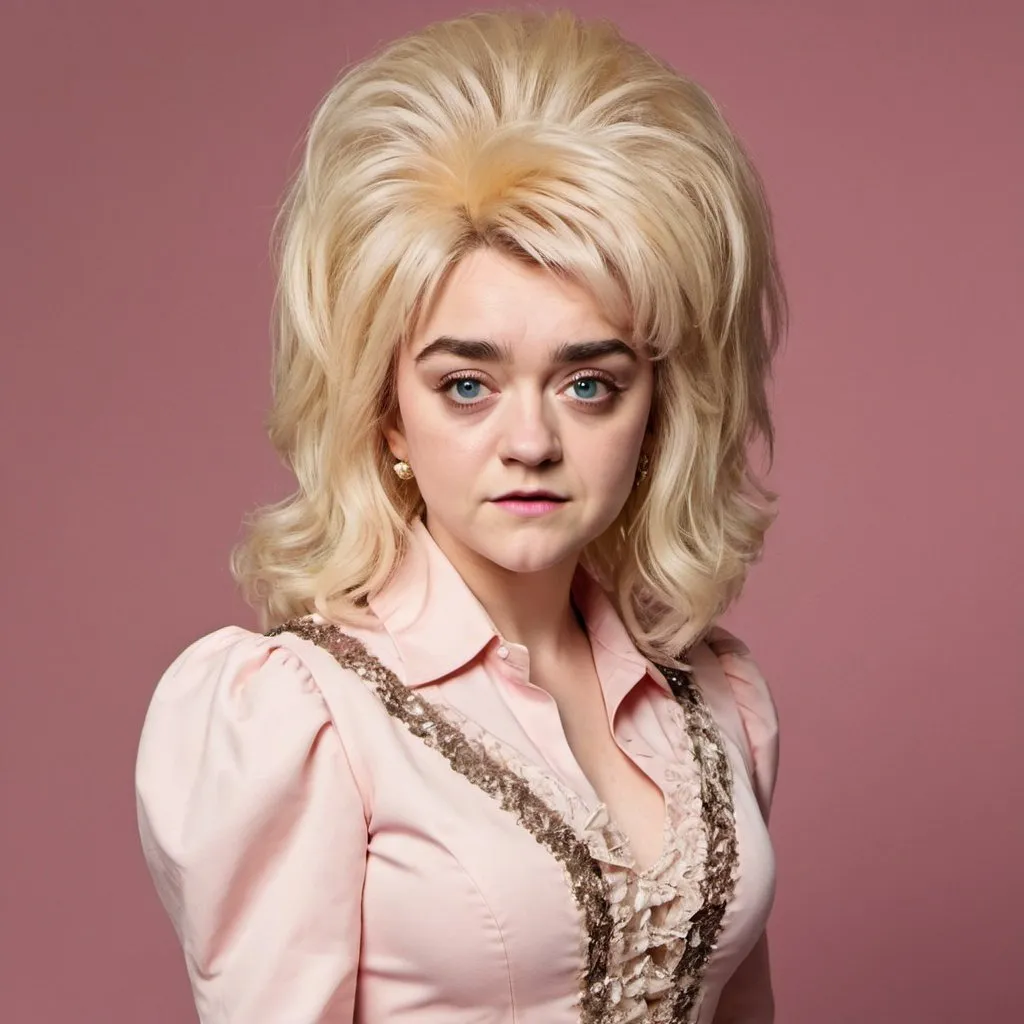 Prompt: Maisie Williams dressed as Dolly Parton with big bouffant hair