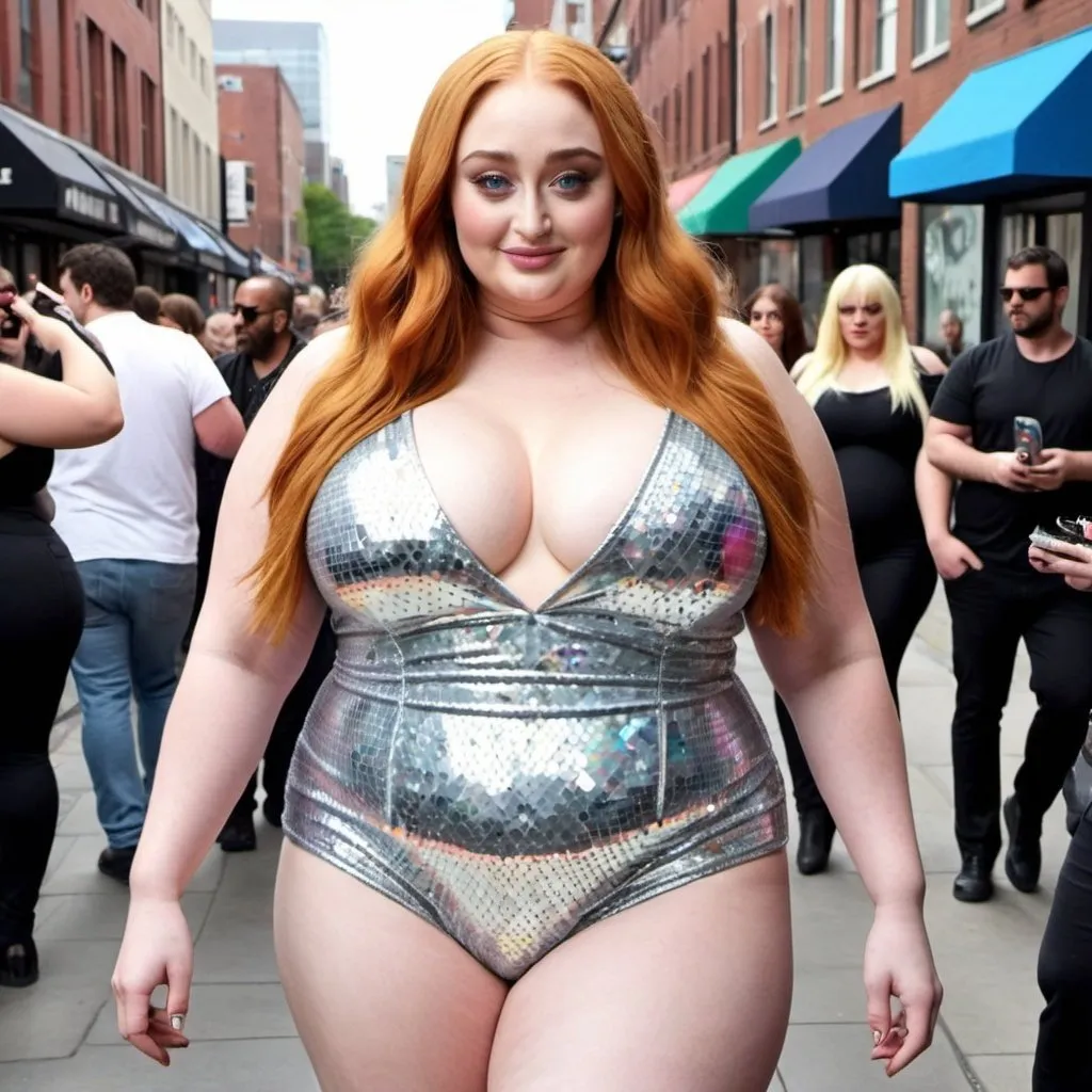 Prompt: Sophie Turner dressed as bbw chubby disco Woman