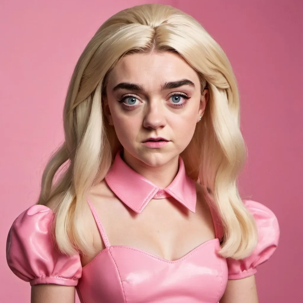 Prompt: maisie williams dressed as a blonde barbie with very long hair