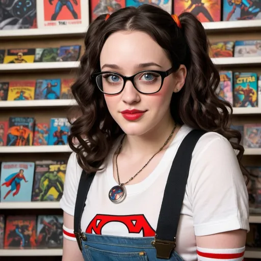 Prompt: Kat Dennings in an unexpected and playful transformation, dressed as a dorky nerd girl. Her hair is styled into two high frizzy pigtails that seem to defy gravity with their volume. Thick, black-rimmed glasses are perched on her nose, magnifying her eyes which are sparkling with mischief. She's wearing a red and white striped t-shirt with a pocket protector, tucked into a pair of high-waisted, ill-fitting blue jeans, complete with suspenders for an extra geeky touch. Accessorizing her outfit are an assortment of colorful plastic bracelets and a necklace with a flashing lightsaber charm. In her hands, she holds a stack of comic books, the top one clearly showing a vintage superhero logo, suggesting her hidden love for all things nerdy. The background is a cluttered room filled with posters of various sci-fi movies and TV shows, action figures, and a bookshelf overstuffed with fantasy novels. Her pose is one of casual confidence, with one hand on her hip and the other propping up her chin as she looks directly at the camera, daring you to question her newfound nerd cred. The overall scene is bathed in a warm, nostalgic light, reminiscent of a teenager's bedroom in the 90s, making the whole ensemble feel both genuine and lightheartedly retro.