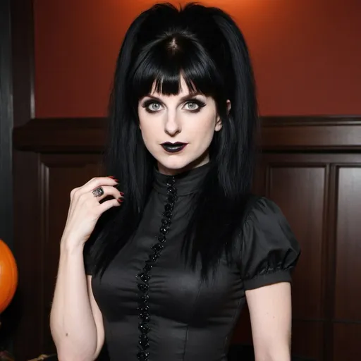 Prompt: hayley williams Dressed as Elvira Mistress of the dark, Big bouffant Beehive black hair