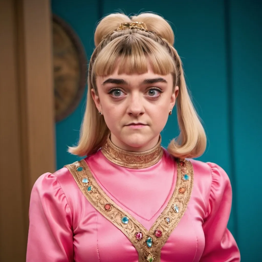 Prompt: maisie williams dressed as a jeannie from i dream of jeannie with a blonde bouffant ponytail with bangs