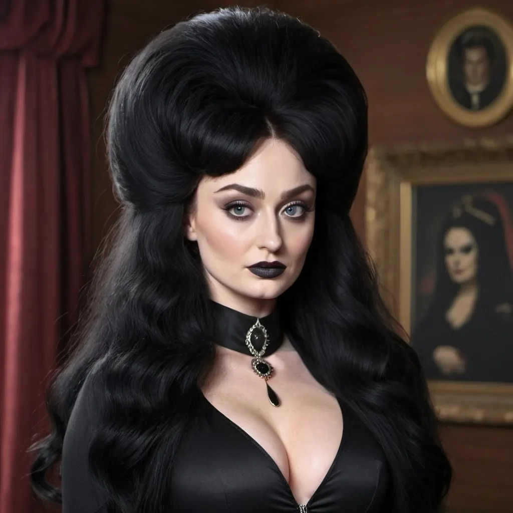 Prompt: sophie turner Dressed as Elvira Mistress of the dark, Big bouffant Beehive black hair