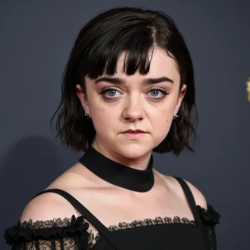 Prompt: Maisie Williams a goth woman, with a black mullet hairstyle, wearing black dress, photo style, detailed face