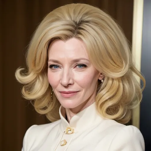 Prompt: Cate Blanchett dressed as stepford wife with massive bouffant beehive long blonde hair