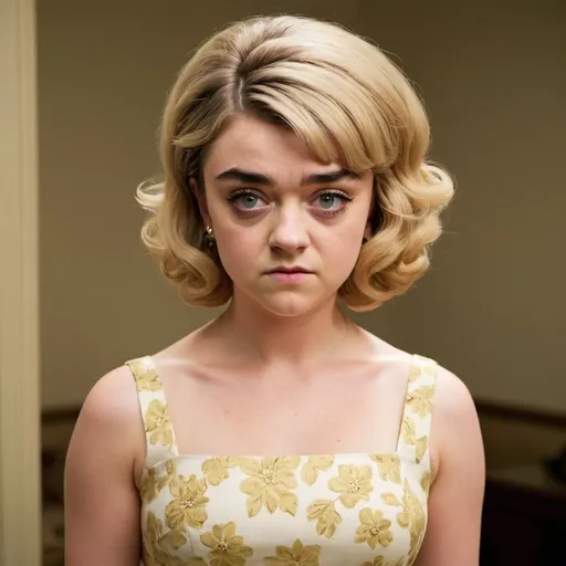 Prompt: maisie williams A quintessential Stepford wife from the 1960s, embodying the idealized perfection of suburban domesticity. She stands in the center, her figure a study in curvaceous elegance, with a blonde bouffant beehive hairstyle that soars to impossible heights and is meticulously styled to maintain its voluminous shape. The hair, a cascade of golden curls, casting a warm glow upon her flawless complexion. Her eyes are a piercing shade 