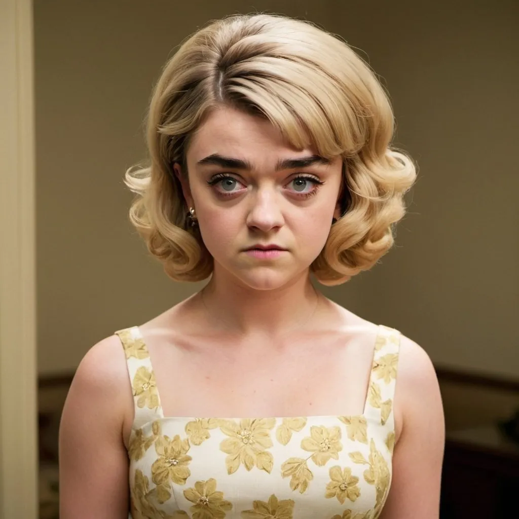 Prompt: maisie williams A quintessential Stepford wife from the 1960s, embodying the idealized perfection of suburban domesticity. She stands in the center, her figure a study in curvaceous elegance, with a blonde bouffant beehive hairstyle that soars to impossible heights and is meticulously styled to maintain its voluminous shape. The hair, a cascade of golden curls, casting a warm glow upon her flawless complexion. Her eyes are a piercing shade 