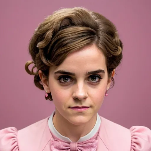 Prompt: Emma Watson a dolores umbridge woman, with a short curly bouffant hairstyle, wearing pink dolores umbridge costume, photo style, detailed face