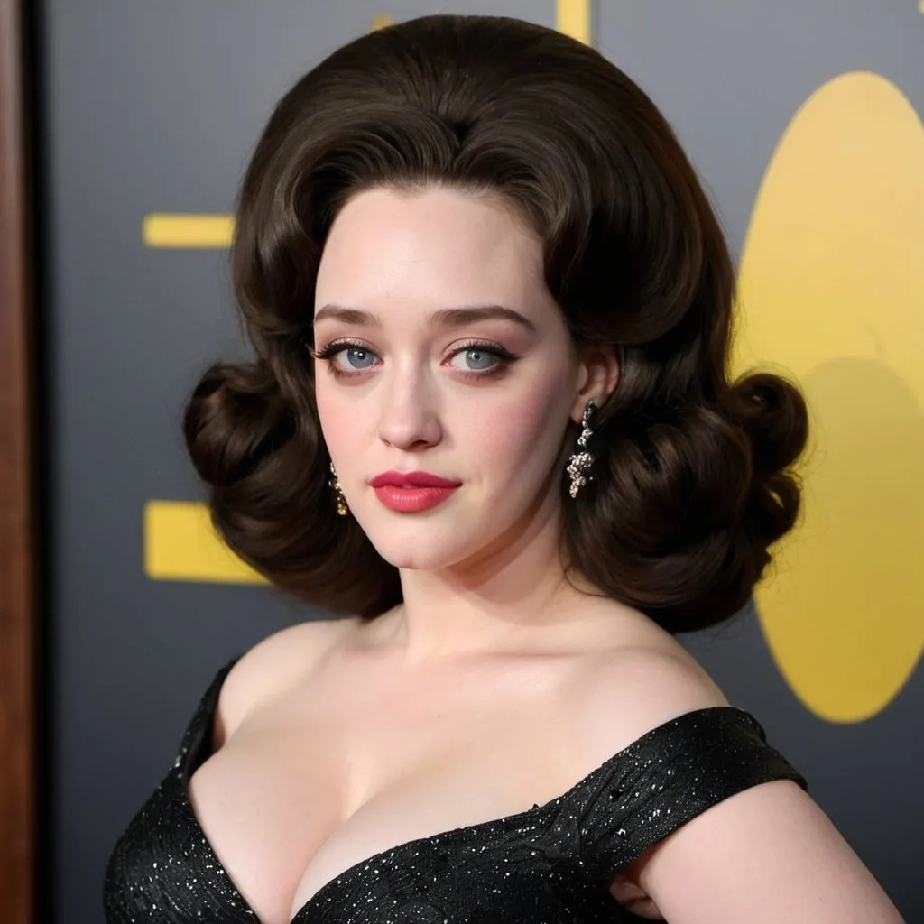 Prompt: Kat dennings dressed as a 1960's woman with big bouffant beehive hair