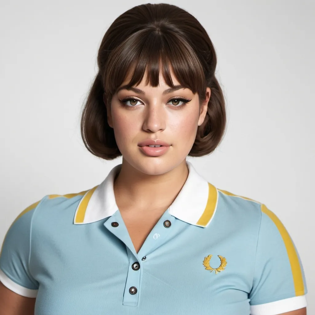 Prompt: ashley graham, dressed as a 1960s mod woman, wearing a 1960s fred perry polo shirt, short 1960s bowlcut with bangs hairstyle