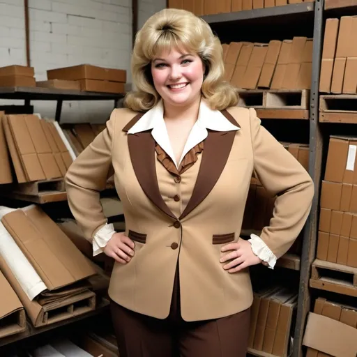 Prompt: Smiling heavy woman with large thighs with a blonde mullet shag with bangs beige and brown comtrasting ripped up and 
worn out 1970's double knit polyester three piece vested matching  business suit with poofy wide shoulder pads, very wide collar, wide lapels, blouse with a very wide 1970s frilly ascot neckerchief in an old warehouse